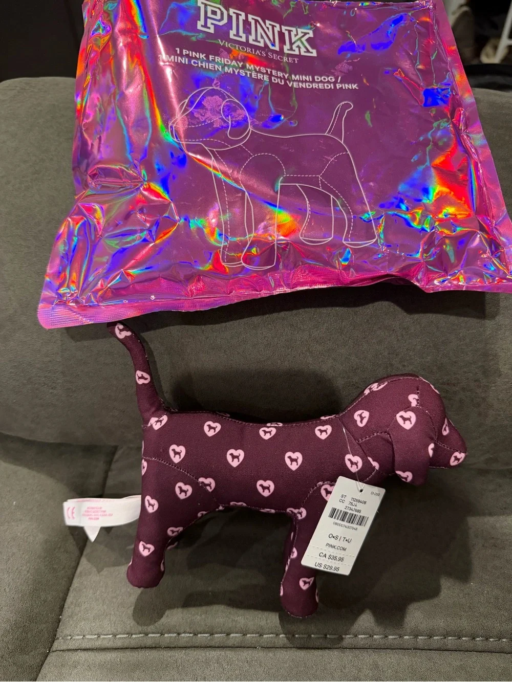 PINK Victoria's Secret Dark Plum Plush Dog with Light Pink Heart Print
